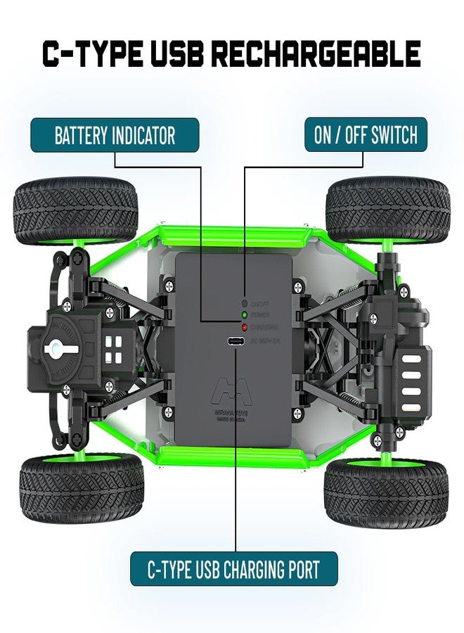 Mirana Duster 2WD RC Car Toy for Kids | Rechargeable USB C-Type Offroad Monster Truck with Smoke Exhaust | High Speed ATV Remote Control Rock Crawler | Gift for Boys & Girls (Smoke - Green) - Image 2